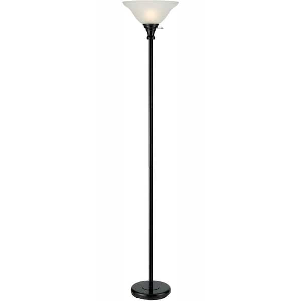 Black Metal Torchiere With Glass Shade, Black Torchiere Floor Lamp With Glass Shade