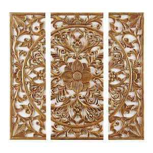 Triptych 3-Piece Dimensional Framed Resin Canvas Wall Art Print Set, Antique Gold Finish 27.56 in. x 11.81 in.