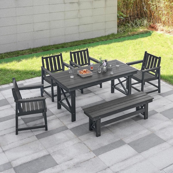 Black 6-Piece HDPE Plastic Patio Outdoor Dining Set with 1-Bench, 4-Arm Chairs and Rectangular Table