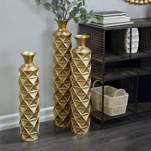 34 in., 29 in., 25 in. Gold Tall Distressed Metallic Metal Decorative Vase with 3D Triangle Patterns (Set of 3)