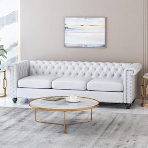 Parkhurst 83 in. White Solid Faux Leather 3-Seat Chesterfield Sofa with Nailhead
