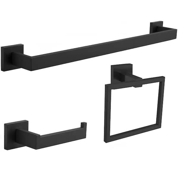 BWE 3-Piece Bath Hardware Set Black Bathroom Set with Towel Bar Toilet Paper Holder Towel Ring in Matte Black