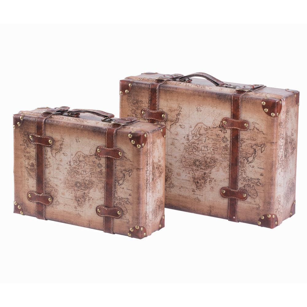 Vintiquewise Set of 2 Vintage-Style World Map Leather Wooden Suitcase  Trunks with Straps and Handle QI003614.2 - The Home Depot