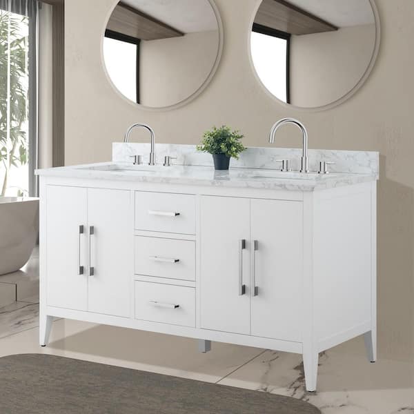 60 in. W x 22 in. D x 34 in. H Double Sink Bathroom Vanity Cabinet in White with Engineered Marble Top in White