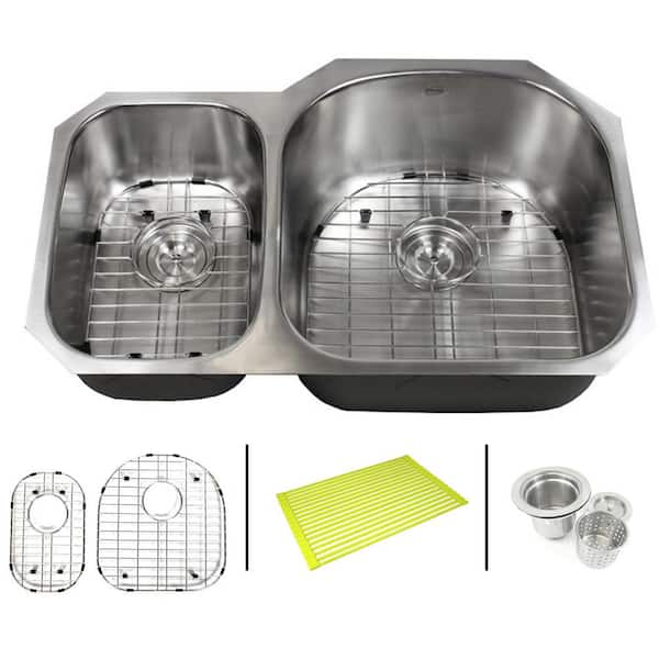 eModernDecor Undermount 16-Gauge Stainless Steel 31-1/2 in. x 20-1/2 in. x 9 in. 30/70 Offset Double Bowl Kitchen Sink Combo