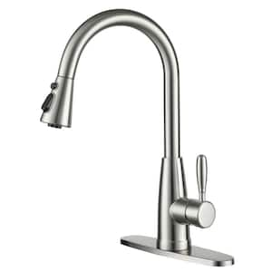 3-Spray Patterns Single Handle Pull Down Sprayer Kitchen Faucet with Deckplate and Water Supply Hoses in Brushed Nickel