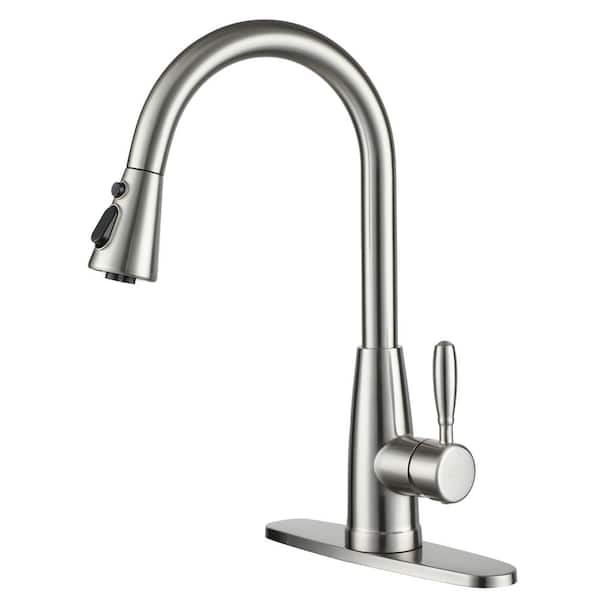 Boyel Living 3-Spray Patterns Single Handle Pull Down Sprayer Kitchen Faucet with Deckplate and Water Supply Hoses in Brushed Nickel