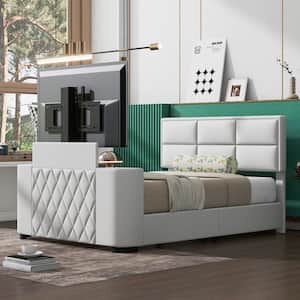 White Wood Frame Queen Size Linen Upholstered TV Platform Bed with Rotating TV Mount, Adjustable Headboard