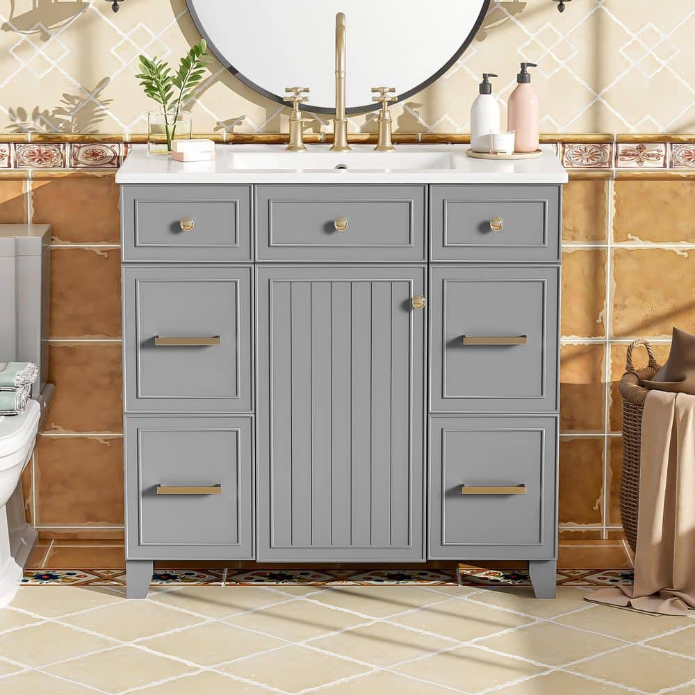 Polibi 36 in. W Single Sink Freestanding Bath Vanity in Gray with
