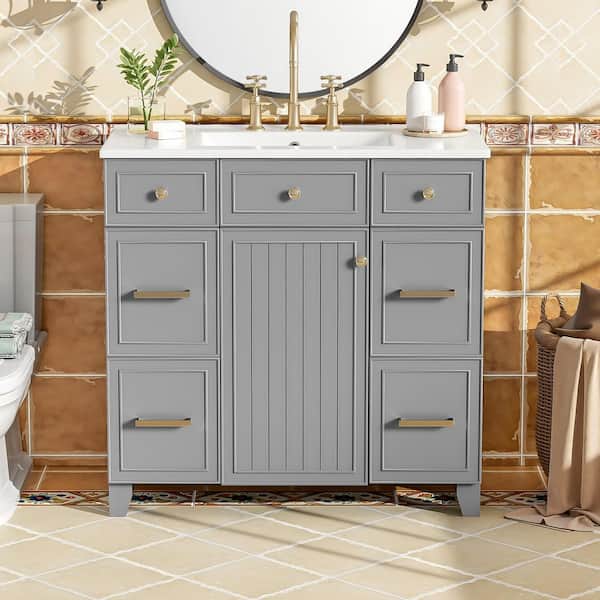 36 in. W Single Sink Freestanding Bath Vanity in Gray with White Ceramic Top, Soft Closing Door and Drawer