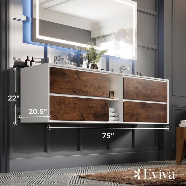 Vienna 75 in. W x 20.5 in. D x 22.5 in. H Floating Double Bathroom Vanity in Rosewood with White Acrylic Top