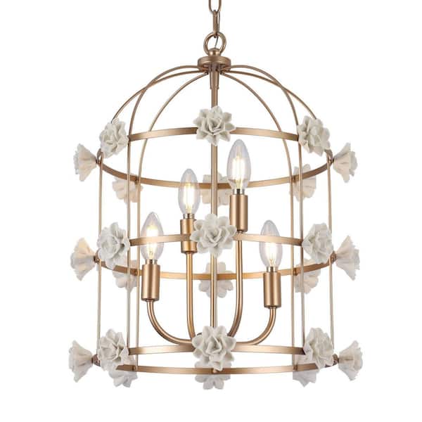 4-Light Cage Gold Chandelier with White Ceramic Flowers