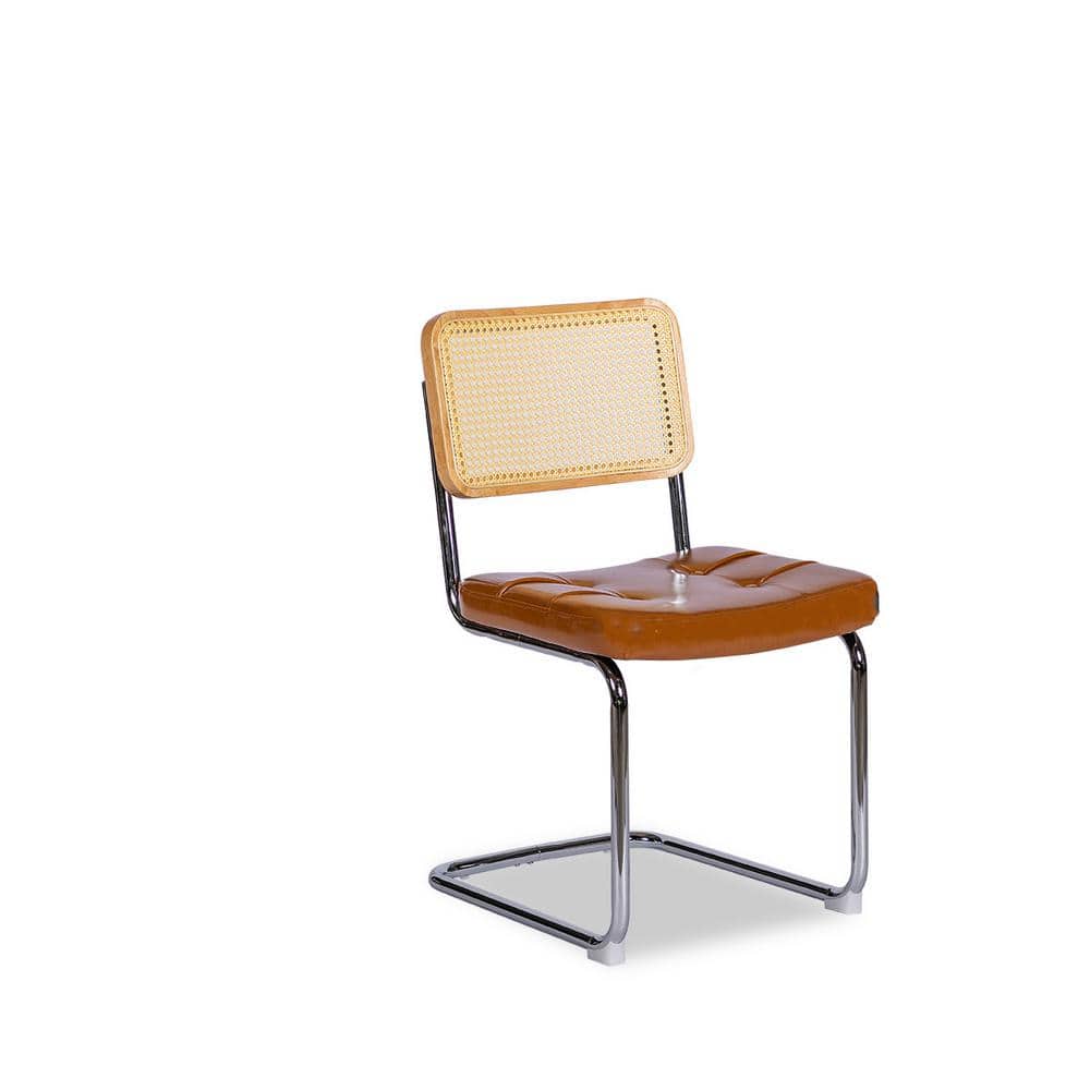 2 Pieces Metal Outdoor Dining Chair with Brown Cushion, Fauex Leather Ratta