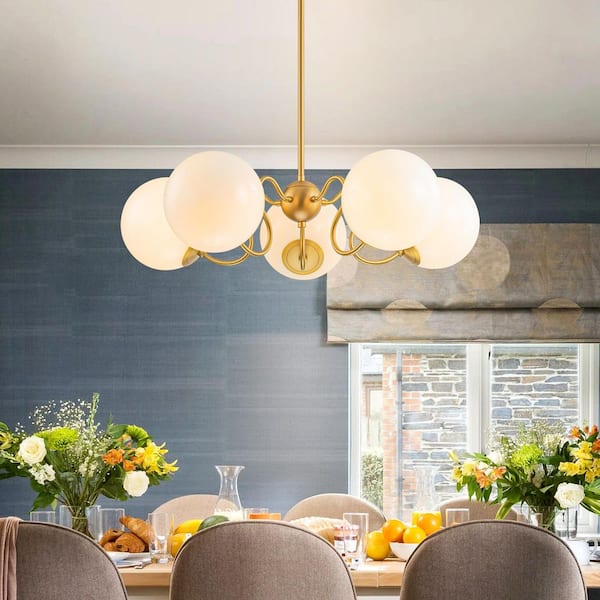 Shoshanna 5-Light Mid-Century Modern Gold Sputnik Polished Opal Glass Globe Bubble Chandelier for Dining Room