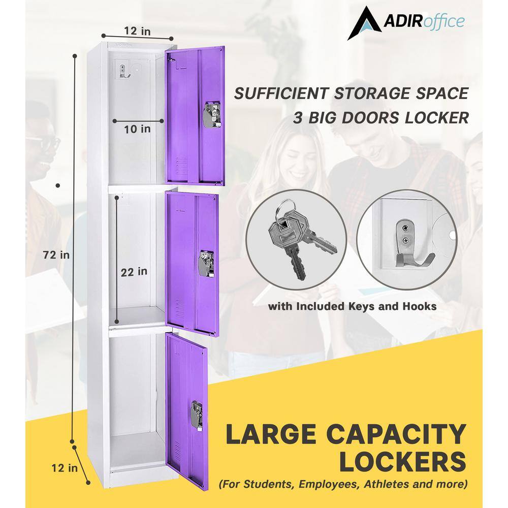 Purple 72'' 3-Tier Steel Storage Locker Set with Key Lock