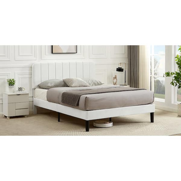 VECELO Upholstered Bed, White Wood Frame Full Platform Bed