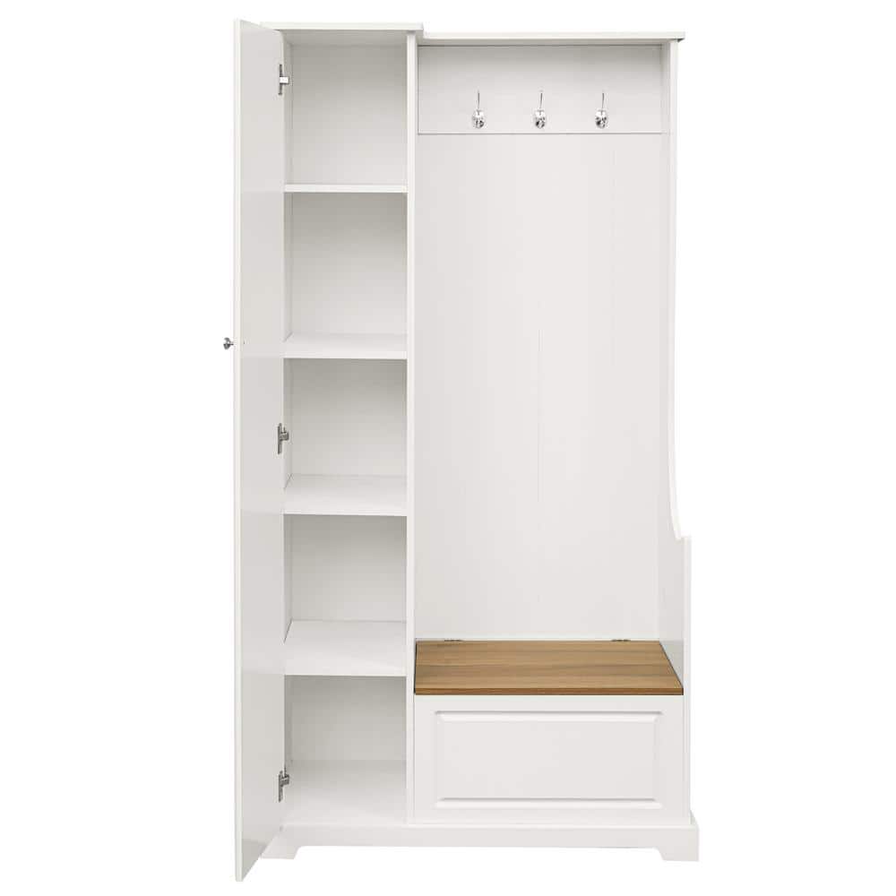White Stylish Design Hall Tree with Flip-Up Bench and Adjustable Shelves an