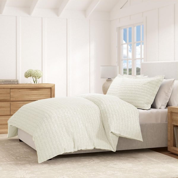 FRESHFOLDS Off-White 100% Cotton Textured 3-Piece Full / Queen Duvet Set with Shams