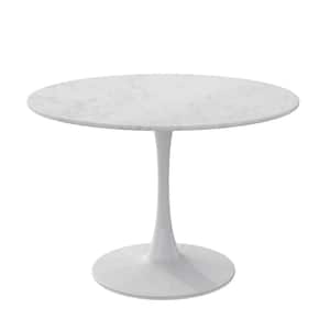 42.12 in. Marble White Modern Round MDF Coffee Table with Printed OAK Color Grain Tabletop, Metal Base