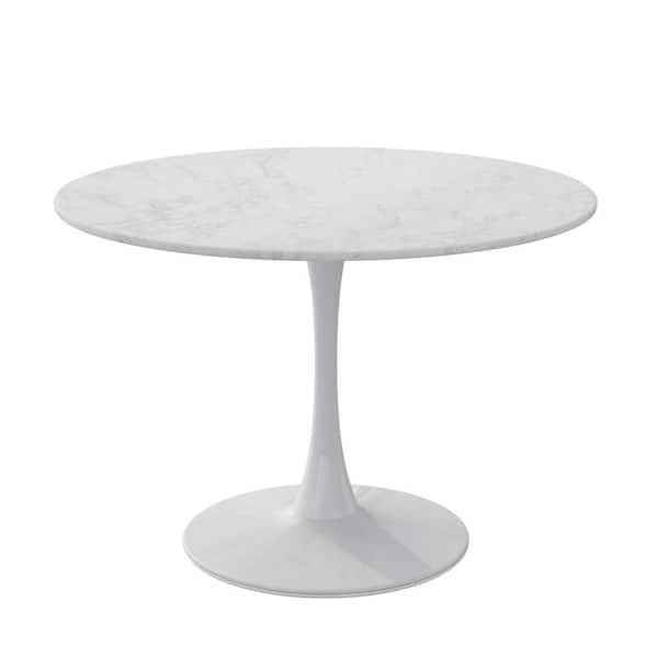 Unbranded 42.12 in. Marble White Modern Round MDF Coffee Table with Printed OAK Color Grain Tabletop, Metal Base