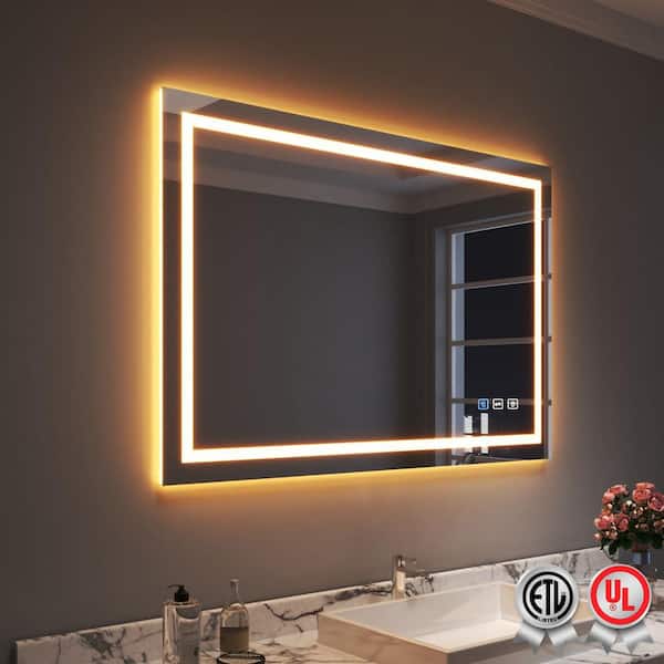 waterpar 48 in. W x 32 in. H Rectangular Frameless Wall Bathroom Vanity Mirror with Backlit and Front Light