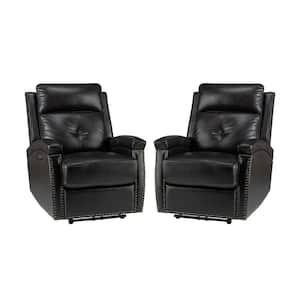 Hermann Charcoal Genuine Leather Power Recliner With Bronze Nailhead Trim Set of 2