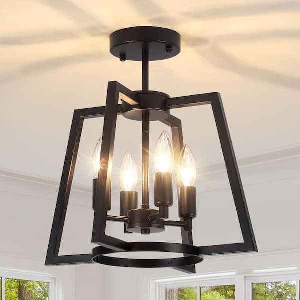 14.56 in. 4-Light Modern Trapezoid Black Semi-Flush Mount Ceiling Light