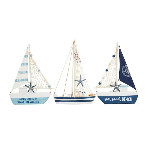 Litton Lane Blue Resin Sail Boat Sculpture with Netting and Starfish Details (Set of 3)