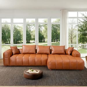 Vera 120 in. Round Arm Tufted 2-Piece Leather L-Shaped Right Facing Sectional Sofa in Cognac