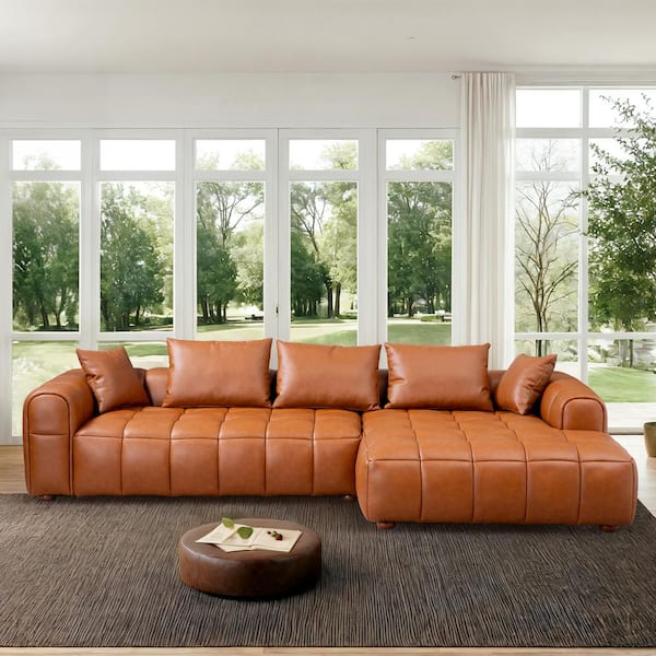 Vera 120 in. Round Arm Tufted 2-Piece Leather L-Shaped Right Facing Sectional Sofa in Cognac