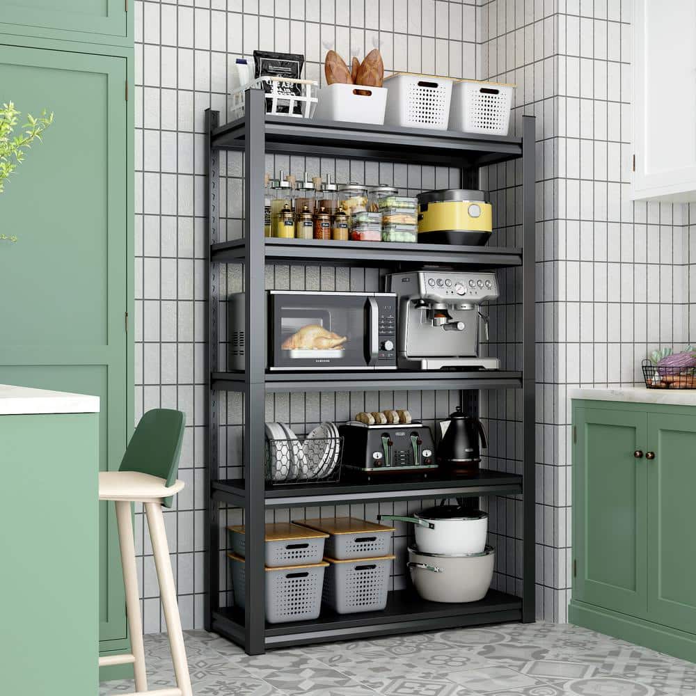 Metal Racking Pantry Tenleaf Heavy Duty 72 in. H 5-Shelf Black Metal Pantry Organizer Garage ...
