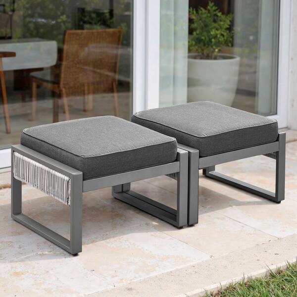 SquareChic Metal and Light Beige Wicker Outdoor Ottoman with Olefin Gray Cushion (2-Pack)