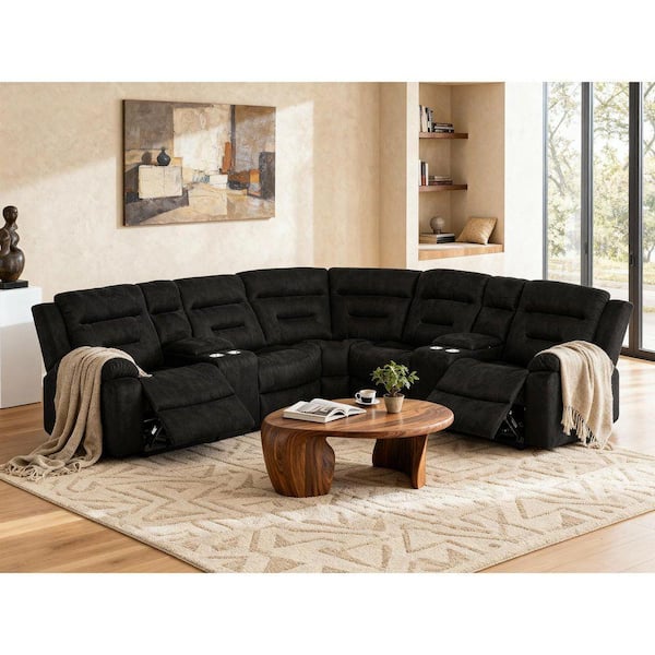 109 in 7-piece, 2 Power Recliners, Modular Fabric Sectional Sofa with USBandUSB-C Charging in. Black