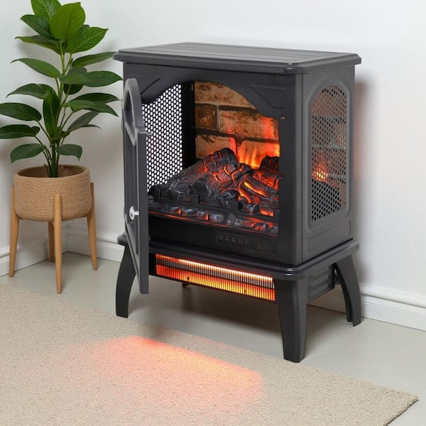 18 in. Freestanding Infrared Quartz Electric Fireplace Stove 3D Flame with Remote Control in Antique Black