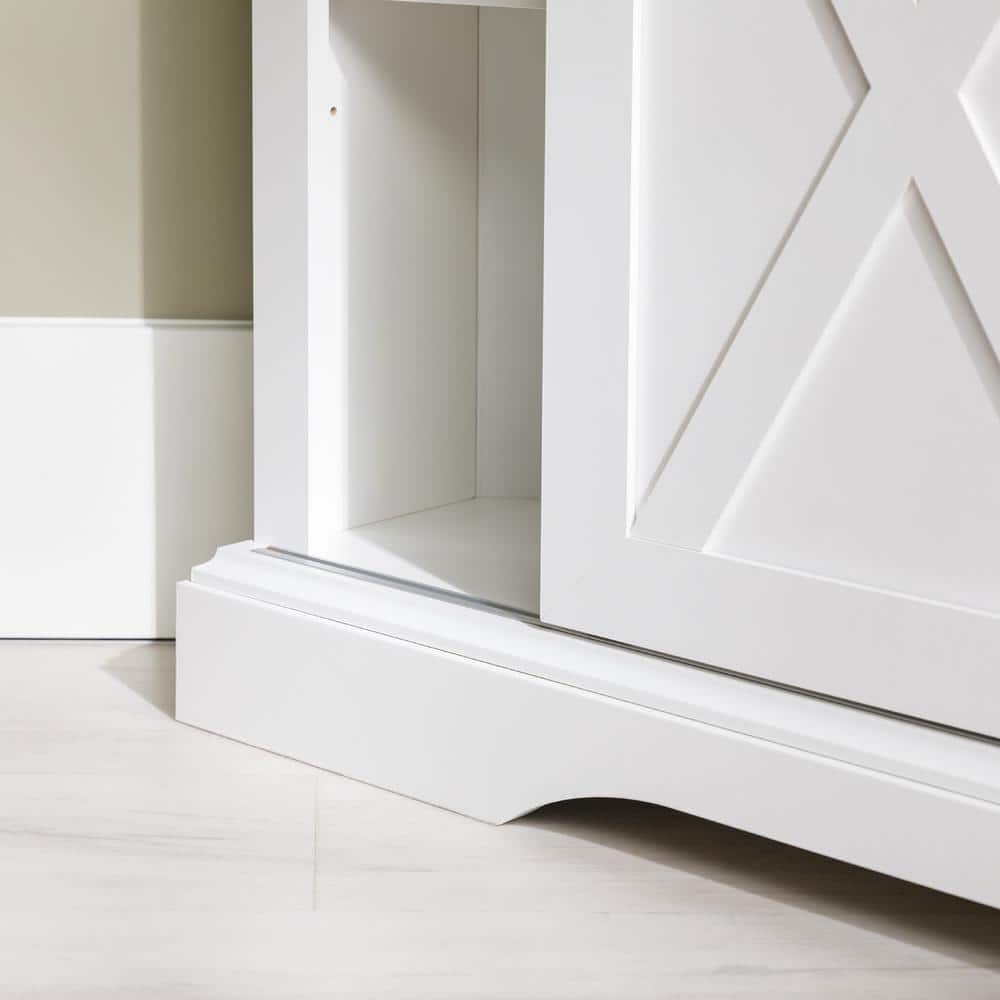 White and Brown MDF Corner TV Stand with Sliding Barn Doors