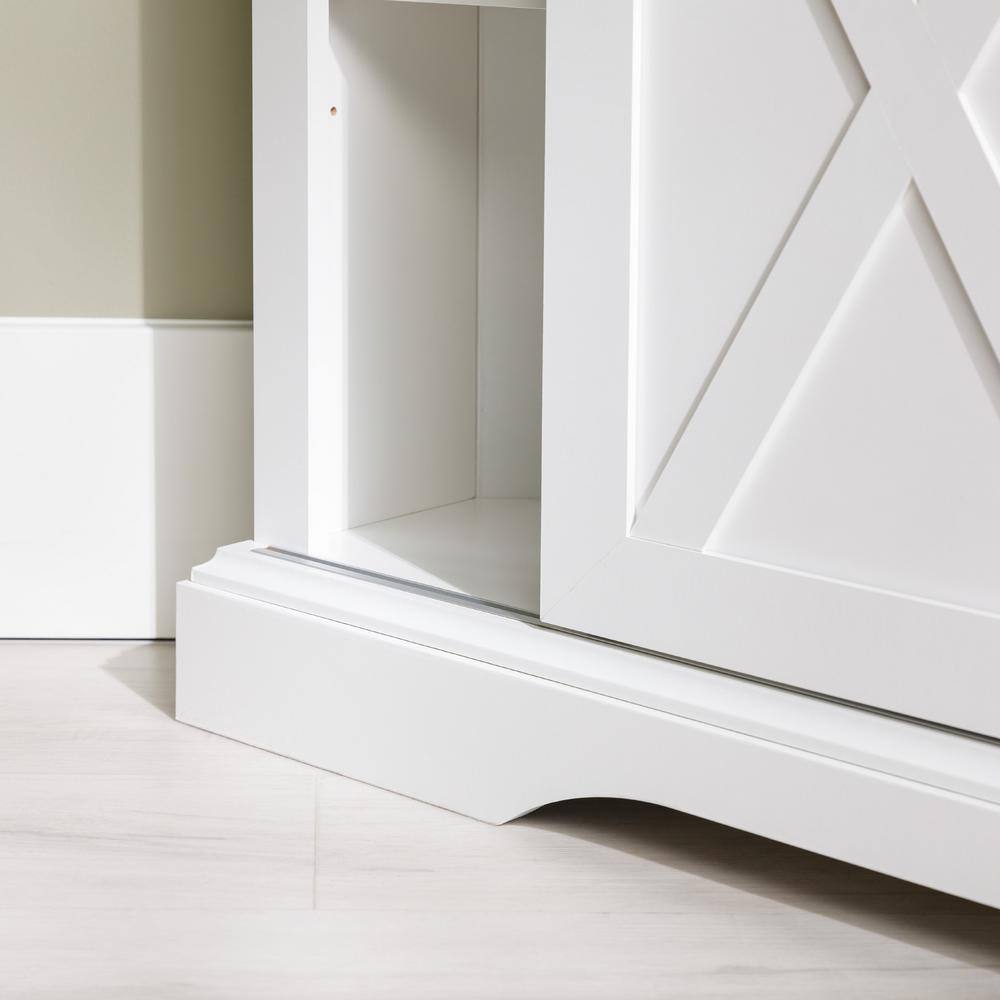 White and Brown MDF Corner TV Stand with Sliding Barn Doors