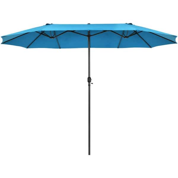 15 ft. Iron Market Double-Sided Twin Patio Umbrella with Hand-Crank System in Blue
