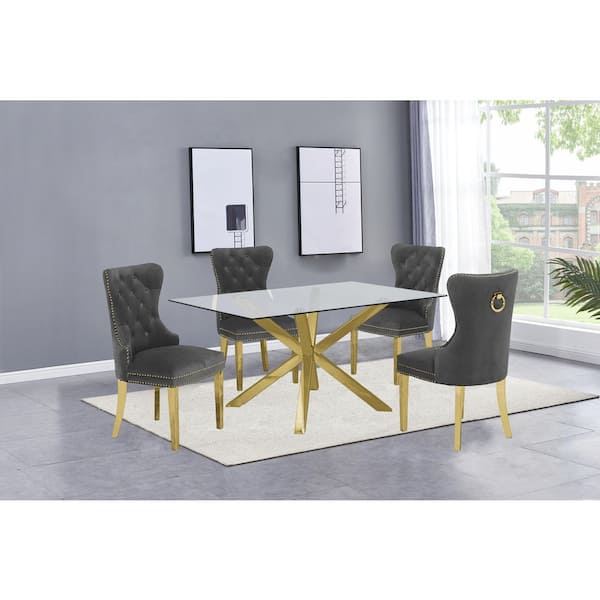 Best Quality Furniture Tom 5-Piece Rectangle Glass Top with Gold Stainless Steel Table Set 4-Dark Grey Velvet Chair W/Nail Head Trim, Back Ring