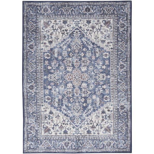 5 X 7 Gray Ivory and Blue Floral Power Loom Distressed Washable Square Area Rug