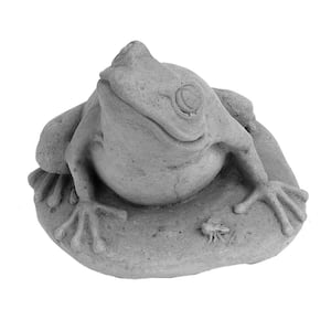 Cast Stone Frog with Bug Garden Statue Antique Gray