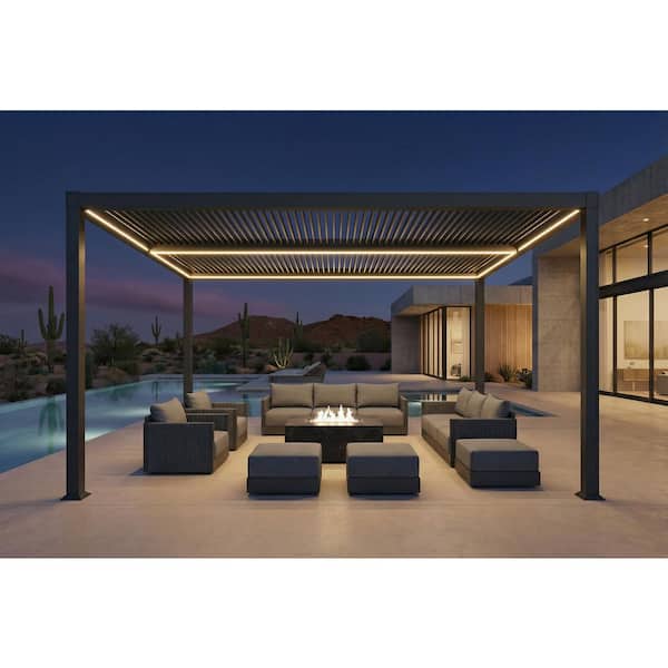 13 ft. x 15 ft. Gray Aluminum Outdoor Louvered Pergola with Individual Adjustable Sunshade Roofs and LED Lights