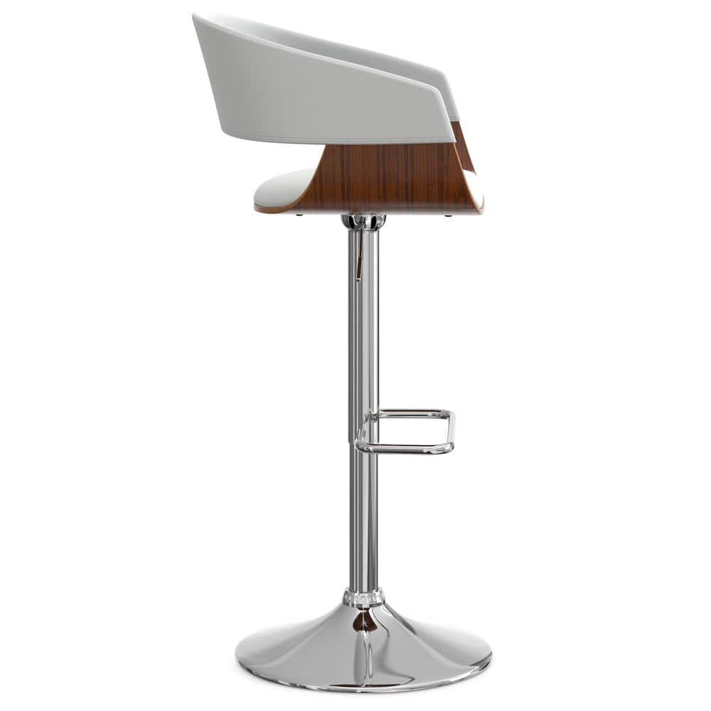 White Faux Leather Adjustable Swivel Bar Stool with Wood Accents