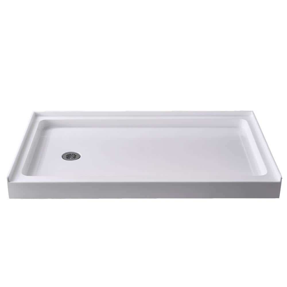 Glossy White Rectangular Acrylic Alcove Shower Base with Left Drain