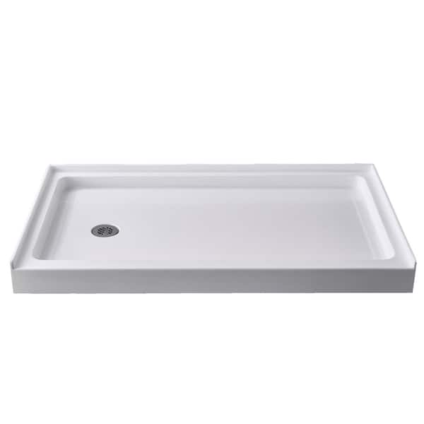60 in. L x 36 in. W Single Threshold Alcove Floor Shower Pan Base with Left Drain Hole in White Acrylic Shower Base