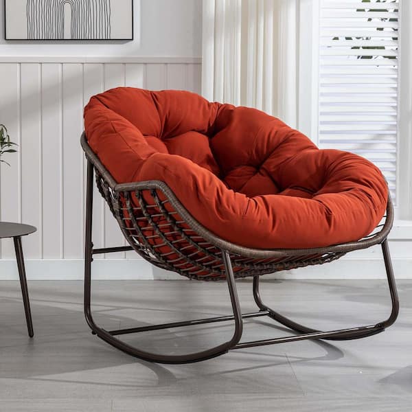 Hand-Woven Wicker Outdoor Rocking Chair with Padded Cushion in Orange
