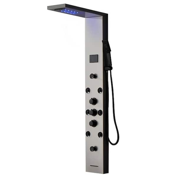 BWE 8-Jet Rainfall Shower Panel System with Rainfall Waterfall Shower Head, Shower Wand and LED Light in Black Nickel