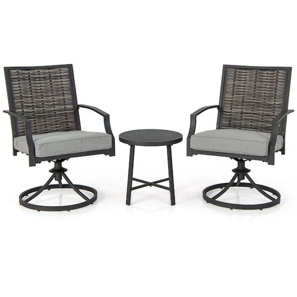 Gymax Black 3-Piece Wicker Round Outdoor Bistro Set Swivel Chair Coffee Table with Gray Cushions Balcony Porch