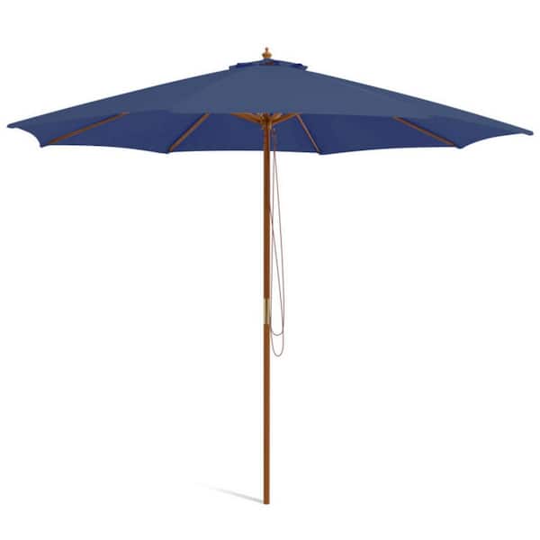 10 ft. Wooden Market Patio Umbrella in Navy with Adjustable Heights