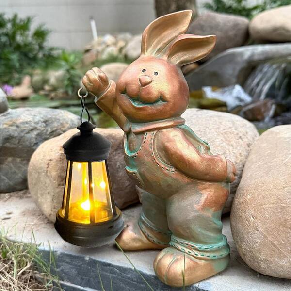 7 in. x 9 in. Bronze Resin Solar Garden Rabbit Sculpture Lamp