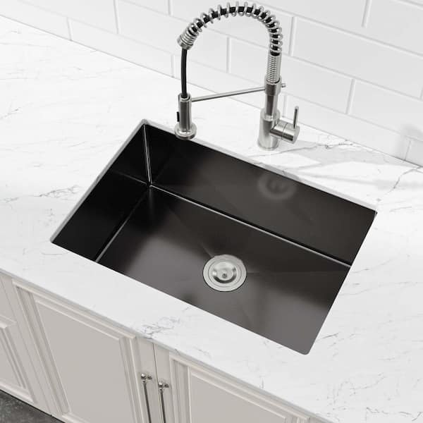 27 in. x 19 in. Matte Black Stainless Steel Single Bowl Undermount Kitchen Sink with Drain and Hooks